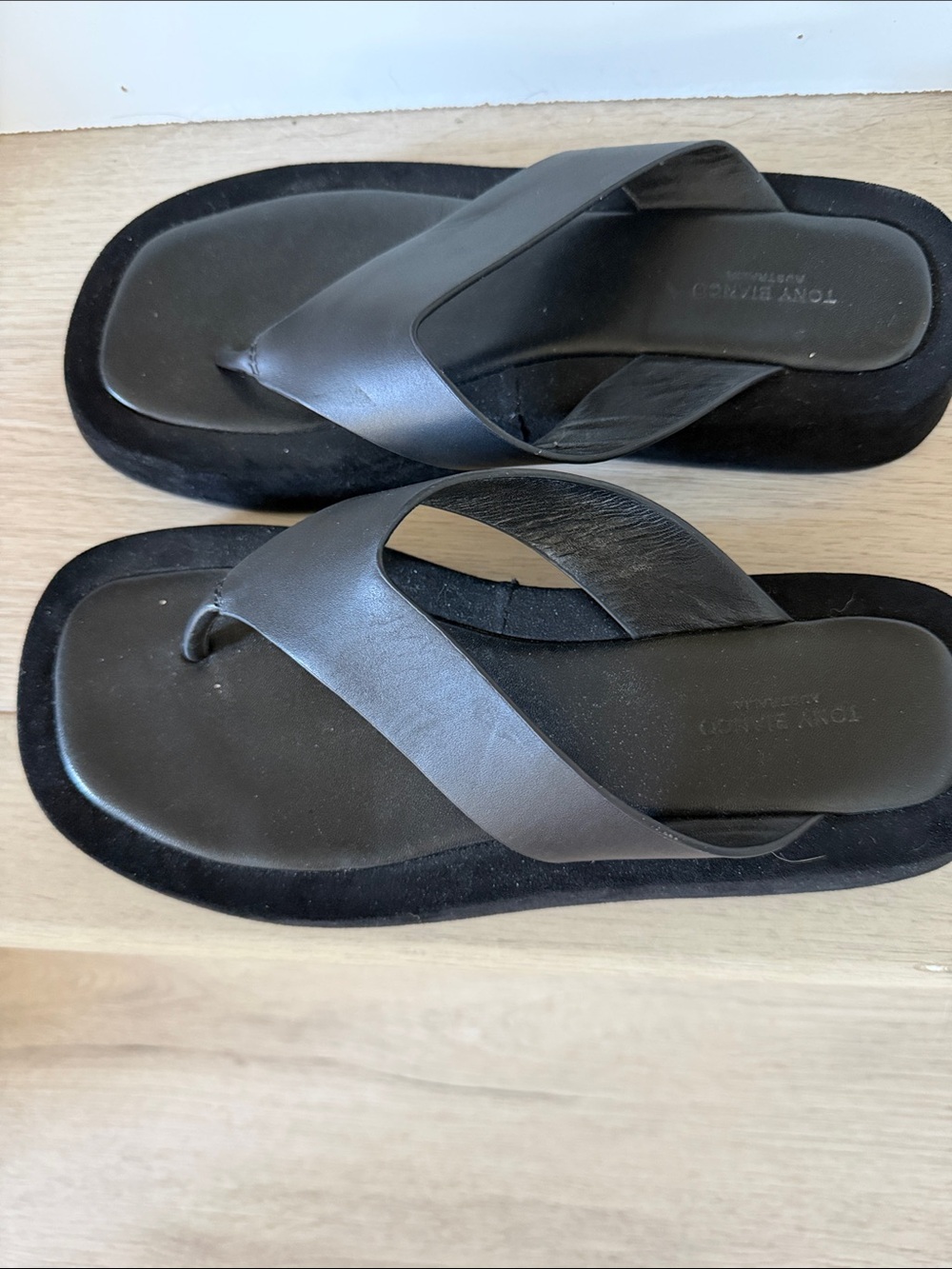 Tony Bianco Black Leather Wide-Strap Thong Slides
